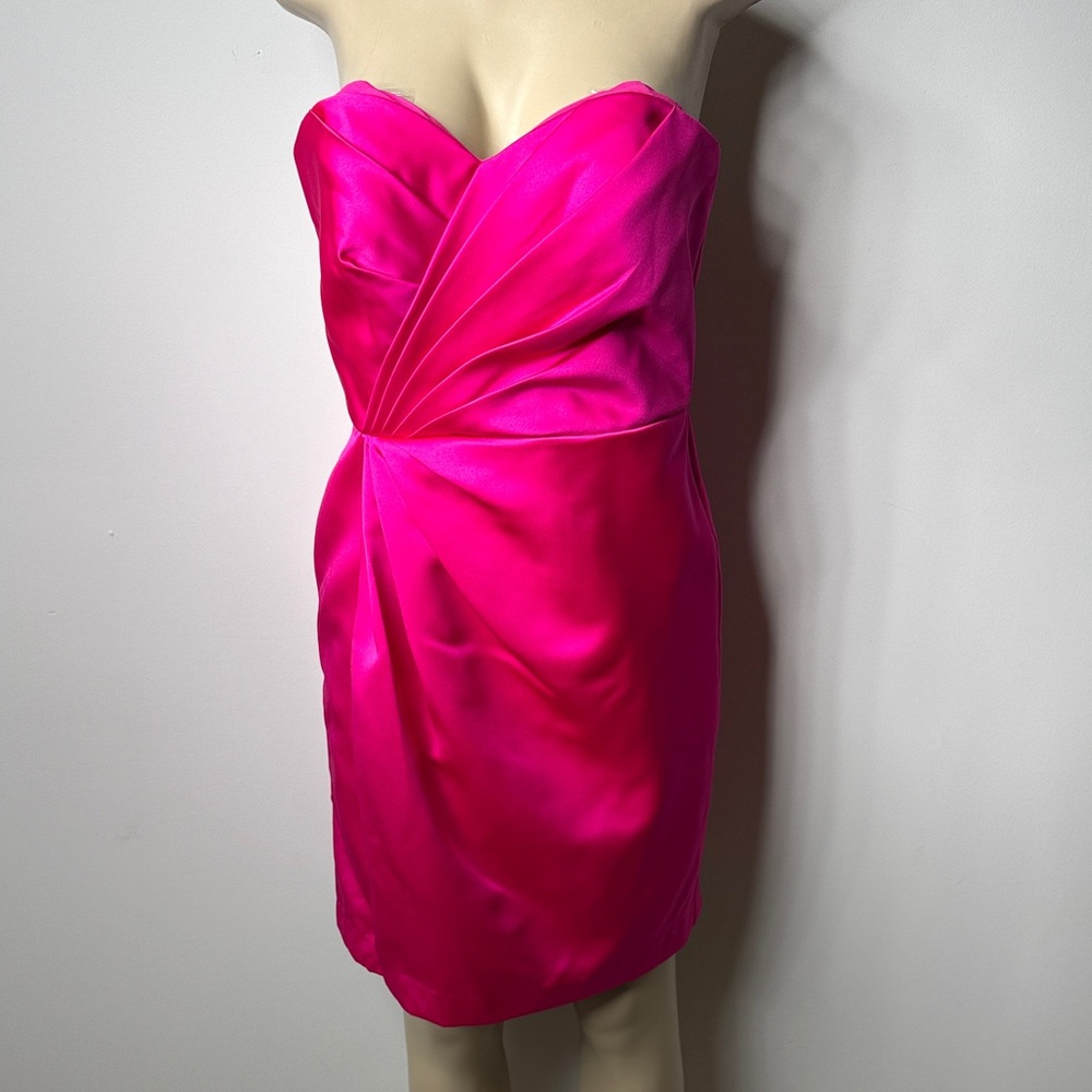 David's Bridal Strapless Satin Cocktail Dress in Fuchsia Pink